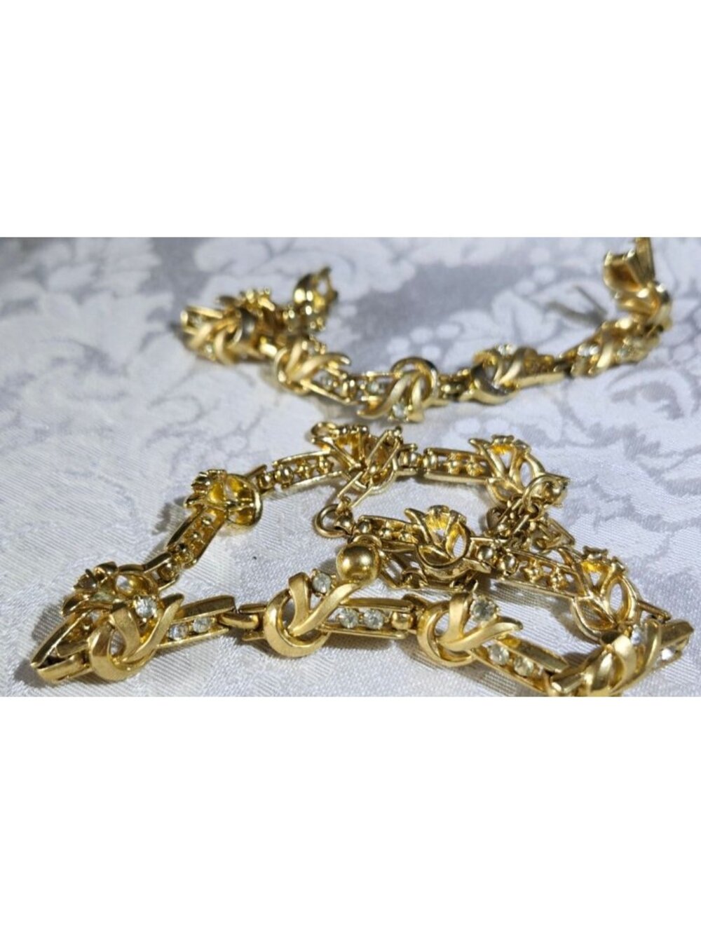 Crown Trifari Vintage Gold-Tone Necklace & Bracelet Set Rhinestone Accents MCM D